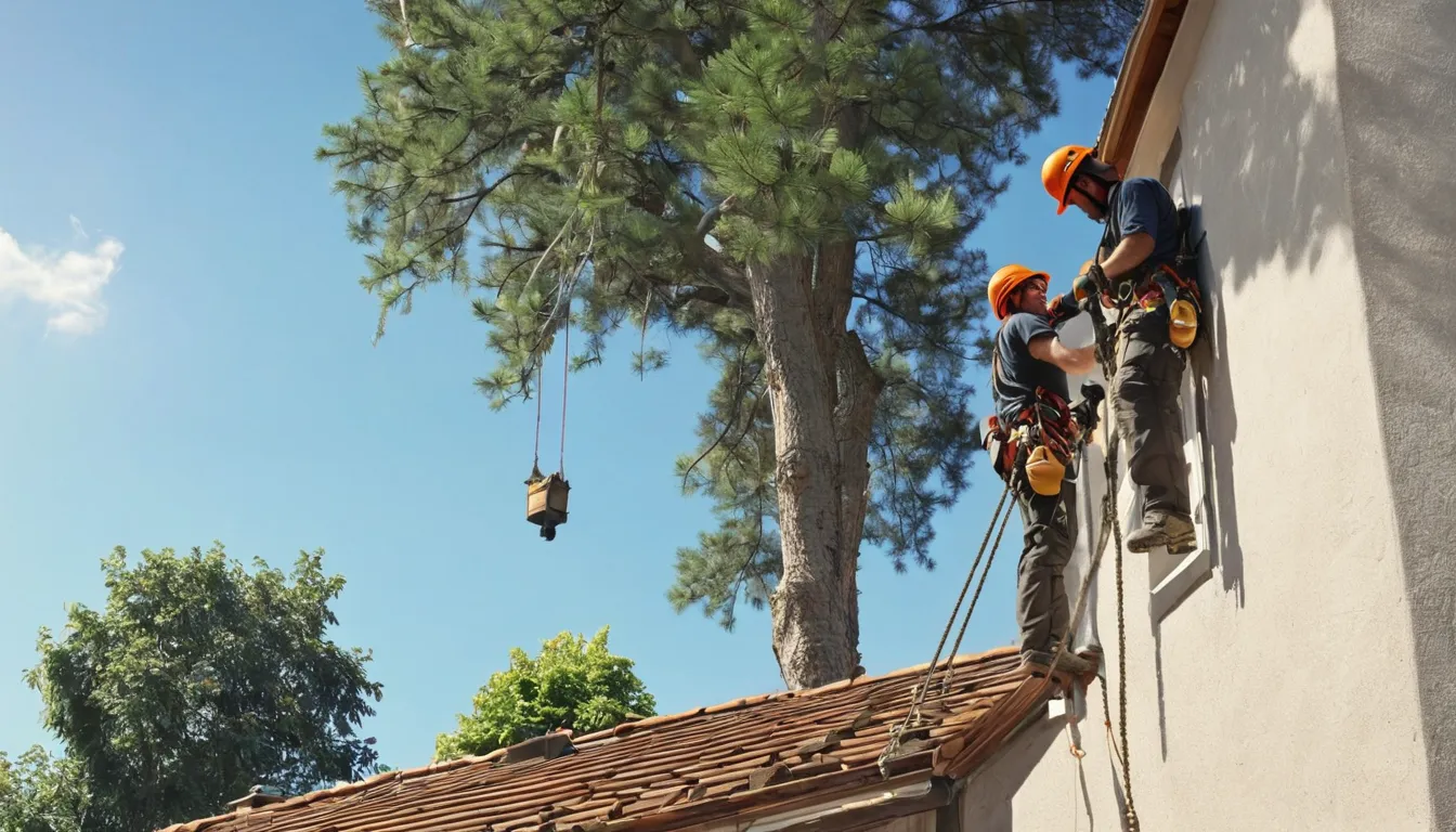 Tree removal provider rigging a large tree beside an older Castle Pines home